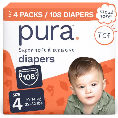 Pura Baby Diapers Size 4-108 Count, 22-32lbs, 12hr Leak Protection, Soft & Gentle Diapers for Hypoallergenic & Sensitive Baby Skin, Toxin-Free*, Organic Cotton, Blowout Blocker™, New Size Guide