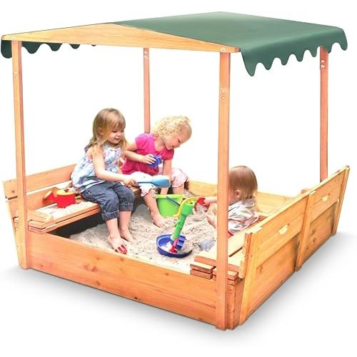 Badger Basket Sandbox for Kids with Canopy & Benches - Outdoor Convertible Wooden Sandbox with Lid, UV Shade & Built-In Seating - Backyard Playset (46.5 x 46.5 x 57)