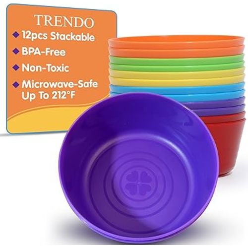 TRENDO 12 Pack Kids Bowls – 10 oz Durable Colorful Toddler Bowl, Non-Toxic Children’s Dinnerware, Dishwasher Safe Small Plastic Bowls for Kids, Cereal and Snack Bowls for Toddlers