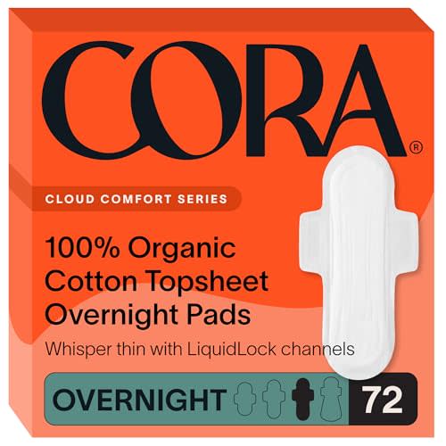 Cora 100% Organic Cotton Topsheet Pads (72 Overnight Pads) | Heavy Absorbency Period Pads with Wings, Made Without Harsh Chemicals, 100% Organic Cotton Topsheet Feminine Care