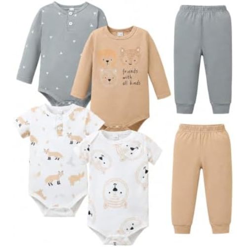 Jecson Baby Boy Clothes 6-Piece Boy Outfit Soft Bodysuits and Pants Set