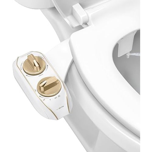 LUXE Bidet NEO 185 Plus - Dual Nozzle, Non-Electric Bidet Attachment for Toilet Seat, Patented Slide-In Install, 360° Self-Clean, EZ-Lift to Clean, Feminine & Rear Wash (Gold)