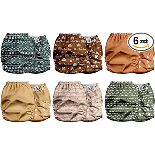 Mama Koala 2.0 Cloth Diapers for Babies with AWJ Lining, 6 Pack with 6 Bamboo Cloth Diaper Inserts - Reusable and Washable Pocket Diapers (Desert Sun)