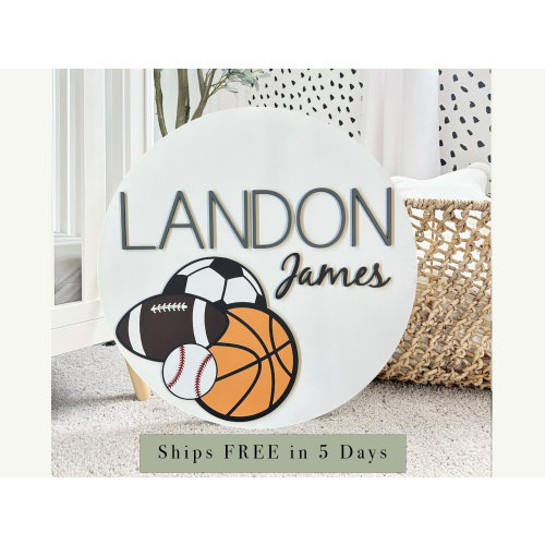 Sports Themed Nursery Sign, Custom Baby Shower Gift, Sport Ball Name Sign, Boy Name Sign, Wooden Kid Room Decor