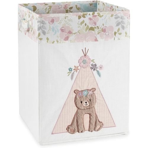 Levtex Baby - Malia Nursery Hamper - Appliqued and Embroidered Bear - Cream Canvas with Pink Floral - Nursery Accessories - Size: 20x20x18in.