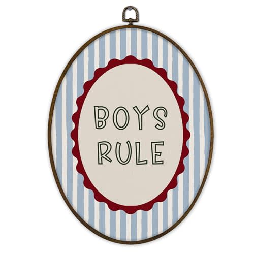 Gnmduw Vintage Boy Nursery Oval Wall Art Framed, Blue Striped Boy Nursery Canvas Prints Hanging Decor, Vintage Kids Quotes Wall Decor for Boys Room Playroom Living Room, 8.7x11.3 Inch