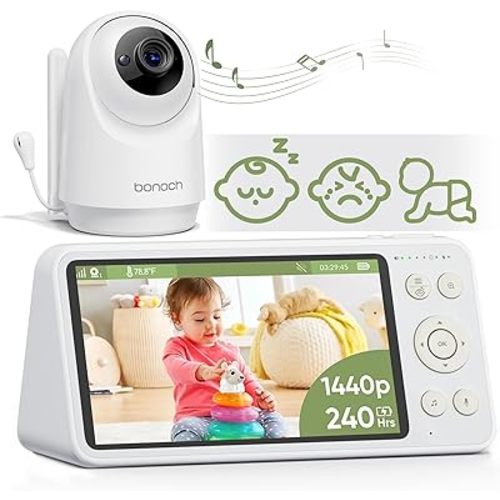 bonoch 5.5" 1440p Baby Monitor with Camera and Audio, No WiFi Baby Camera, 240h Lasting, Smart Detect Sleep Turn Over/Cry/Motion, 7800mAh, Hack Proof Video Monitor, Built-in Sound Machine White Noise