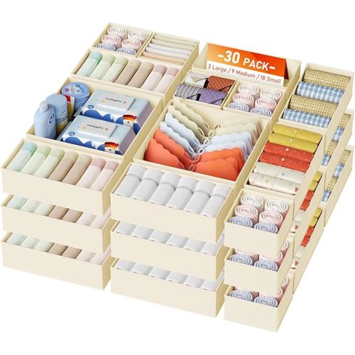 DIMJ Drawer Organizer Clothes, 30 Pack Dresser Organizer, Foldable Closet Organizers and Storage, Fabric Dresser Bins, Drawer Dividers for Nursery, Baby Clothes, Underwears, Sock,Beige