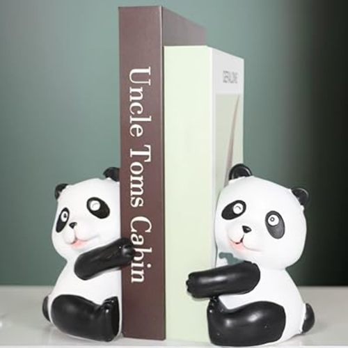 Cute Pandas Decorative Bookends,Unique Animal Book Ends,Creative Resin Statue Hugging Panda,Holder Stopper for Home Office Desk Bookshelf Decoration