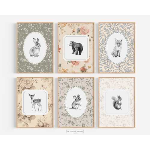 Woodland Animal Nursery Wall Art Vintage Floral Baby Room Neutral Cottagecore Nursery Woodland Bunny Nursery Bear Art Print Set of 6 WWP1-A6
