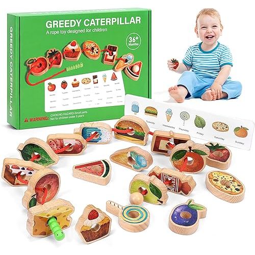 Wooden Greedy Caterpillar Rope Toy, 2.5in Fruit & Vegetable Caterpillar Lacing Bead String Game, Montessori Fine Motor Skills Farm Toys for 3+ Year Old