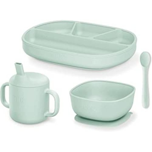 NUK Silicone Baby Tableware Bundle, Includes 1 Plate, 1 Bowl, 1 Cup, & 1 Spoon, Durable Suction Feature Helps Reduce Spills, Microwave-Safe, BPA-Free