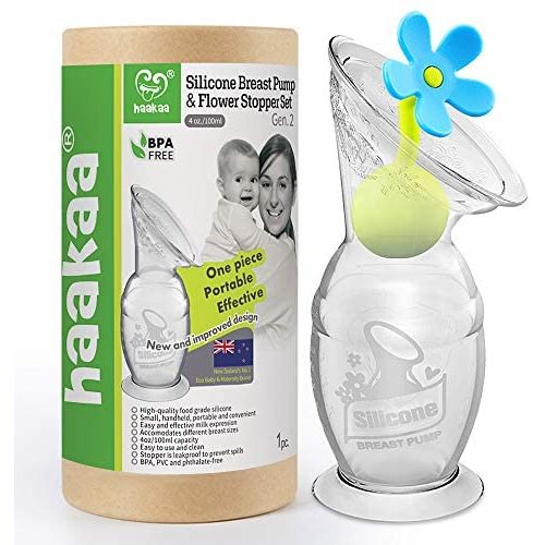 Haakaa Silicone Breast Pump with Suction Base and Flower Stopper 100% Food Grade Silicone BPA PVC and Phthalate Free (4oz/100ml) (Blue)