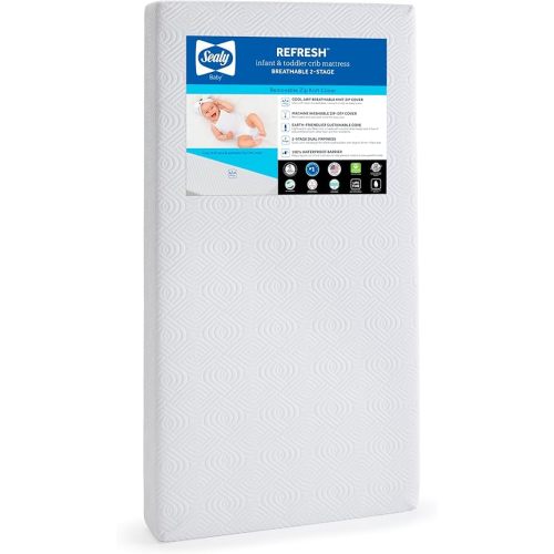 Sealy Baby Refresh Breathable 2 Stage Waterproof Crib Mattress Plus Toddler Bed Fit, Removable Knit Cover, GREENGUARD Gold Certified, Safety & Quality Tested, Made in USA, 52X28 -White