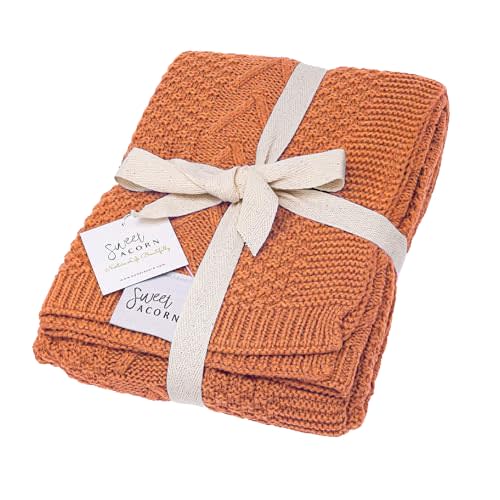 Knit Baby Blanket in Cable Pattern, Organic Cotton Blankets for Crib or Stroller, Receiving Blankets - Sunset Orange