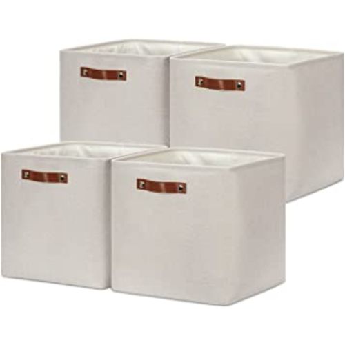 DULLEMELO Storage Bins, 4 Pack Of 13x13x13 Decorative Storage Cube Bins Suit Office, Home, Shelves And Closet, Cube Storage Bin with Leather handle(4 Pack - 13" Beige)