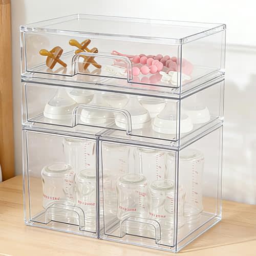 MINMUNJIU Baby Bottle Organizer, 4 Pack Clear Space-Saving Stackable Drawer with Handle, Baby Bottle Storage Organizer for Countertop and Cabinet