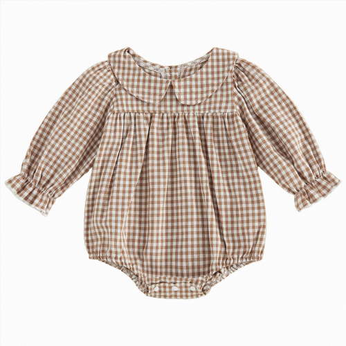 mgoYE Newborn Baby Girl Bubble Romper Long Sleeve Linen Bodysuit Infant Plaid Fall Winter Outfit(Khaki,3-6 Months)