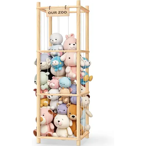 Woodure Stuffed Animal Storage & Organizer, Wooden Cute Zoo Toy Holder for Toddler Rooms, Playrooms & Bedrooms