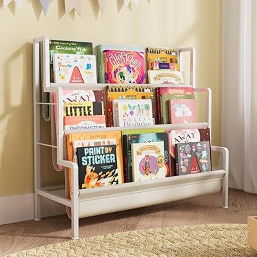Kids Bookshelf,Bookshelf for Kid with Three Deep Pockets,Toddler Bookcases,3-Tier Montessori Bookcases,Narrow Metal-Book Shelf for Kids Rooms,Bedroom,Playroom