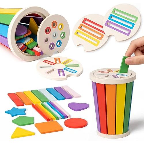 Montessori Toys for 1-3 Year Old, Wooden Color Sorting Learning Toys for Toddlers, Fine Motor Skills Toys for 2-3, Sensory Development Educational Matching Games, 18 Month Old Toy Baby Boys Girls