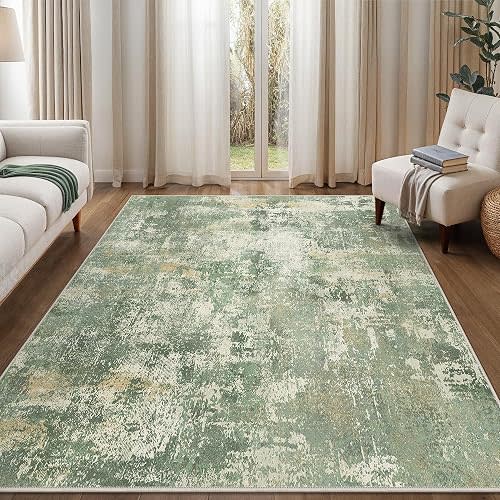 GENIMO 5x7 Area Rugs for Living Room, Machine Washable Rug Non Slip, Low Pile Ultra-Thin Lightweight Large Carpet, Abstract Modern Rugs for Bedroom, Dining Room, Office, Nursery, Olive Green
