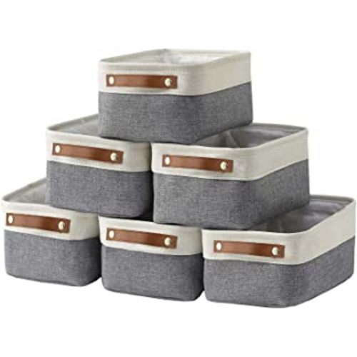 HNZIGE Small Storage Baskets for Organizing(6 Pack) Fabric Baskets for Shelves, Closets, Laundry, Nursery, Decorative Baskets for Gifts Empty (White&Gray, 11.8" x 7.8" x 5.1")