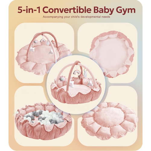 ZJQYDS 5-in-1 Thick & Plush Baby Play Gym, Baby Play Mats for Floor, Tummy Time Mat with 6 Toys, Convertible Stage-Based Developmental from Babies to Toddlers, Ball Pit, Pink
