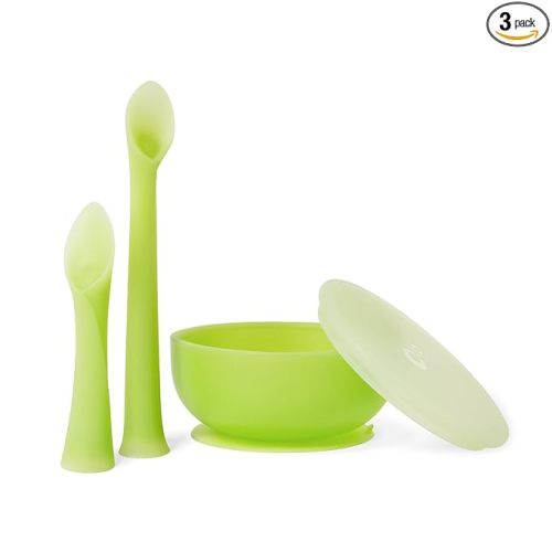 Olababy 3 Piece Parent Led and Baby Led Weaning First Feeding Set, Includes Training Spoon, Feeding Spoon and Suction Bowl with Lid