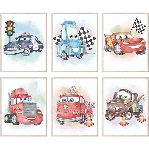 BigWig Prints Cars Room Decor - Lightning McQueen Poster, Pixar Cars Bedroom Decor - 6 Pack (8x10") Unframed