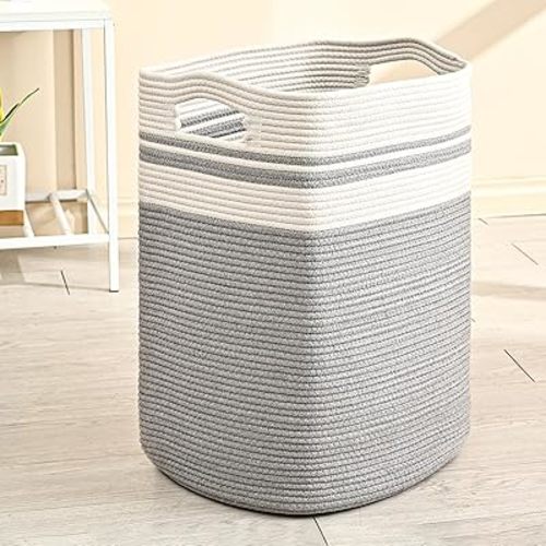 78L Laundry Hamper, Woven Rope Tall Laundry Basket with Handles, Decorative Blanket Basket for Bedroom, Bathroom, Collapsible Baskets for Toys, Clothes, 16”x14”x22”, White & Grey