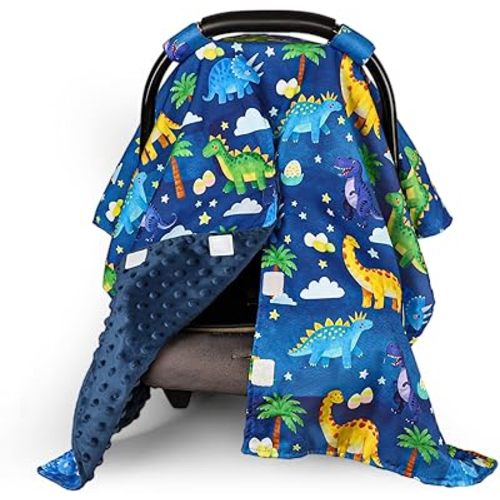 Hooyax Peekaboo Car Seat Cover for Baby Boy - Winter Warm Minky Carseat Canopy with Adjustable Opening, Universal Fit for Infant Car Seats & Strollers, Soft Nursing Cover & Blanket (Dinosaur)