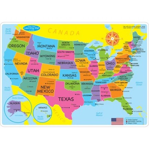 Ashley Productions® Smart Poly™ Learning Mats, 12" x 17", Double-Sided, U.S. Basic Map, Pack of 10