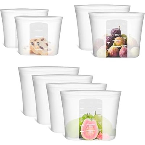 8-Pack Reusable Silicone Food Storage Bags, 100% Silicone Stand-Up Wide-Open Zip-Lock Reusable Storage Bags for Food, Freezer Microwave Oven Dishwasher Safe, Translucent, 4L 2M 2S