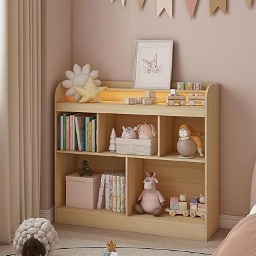 Lkeiyay Open Shelf Kids Bookcase,Montessori Toy Organizer with LED Lights - Oak Wooden Open Bookcase for Kids, Bedroom, Back to School,Playrooms & Nurseries