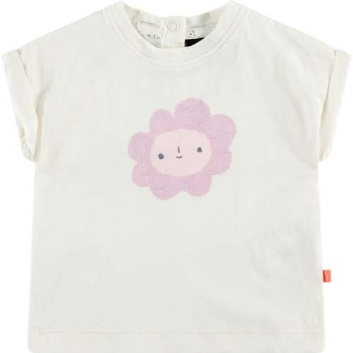 Rolled Cuff Sleeve Smiling Flower Graphic Print T-Shirt, Ivory - Babyface | Maisonette