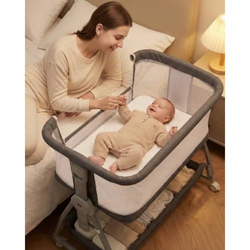 Luvkixen Baby Bassinet Bedside Sleeper with Wheels, 3-in-1 Portable Bedside Crib for Newborn, Adjustable Height Co-Sleeper with Breathable Mesh & Mattress, Easy Assembly, Gray