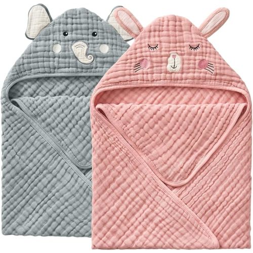 Blissful Diary Muslin Baby Hooded Towel 2 Pack, Soft & Absorbent Bath Towel for Infant, Toddler, Unisex, Baby Gift, Newborn Essentials, Sunny Duck & Dreamy Unicorn