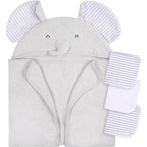 Gerber Baby 4 Piece Animal Character Hooded Towel and Washcloth Set, Grey Elephant, One Size