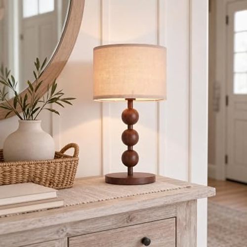 20" Vintage Table Lamp for Bedroom, Modern Boho Wood Pattern Bedside Lamp for Nightstand, Farmhouse Plug in Desk Lamp for Living Room, Home Office, Side End Table [LED Bulb Included]
