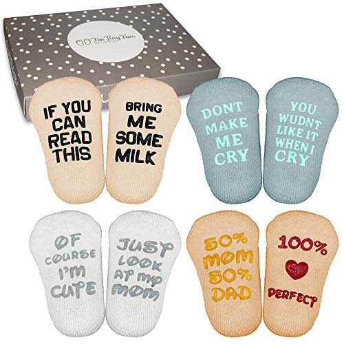 Baby Socks Gift Set- Cute & Funny Unique Baby Shower Gifts & Registry Idea-Baby Gift Sets Unisex – 90% Cotton, Anti slip, Cutest Gift Box – Socks with Funny Sayings (4 unique pairs)