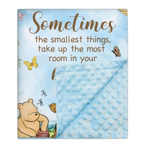 Sirjiera Winnie Quotes Baby Blanket for New Parent, Cute Bear Nursery Blanket with Double Layer Dotted Backing, Blue Printed Bed Throw Blanket for Boys, for Baby Shower Birthday 30 * 40IN