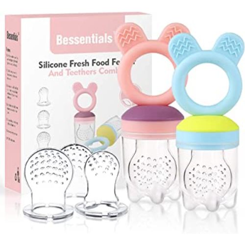 Baby Fruit Food Feeder Pacifier - 2 Packs Silicone Fresh Fruit Feeder BPA Free [S M L Size Silicone Food Pouches Included] (Blue&Pink)