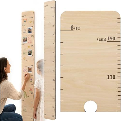 Growth Chart for Wall, Wooden Height Chart for Room Wall Decor, Adjustable Height Measurement Ruler with Non-Mark Adhesive, Dual Scale Wood Decor