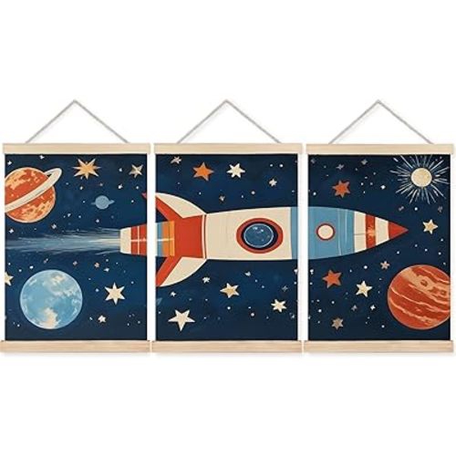 FDHSPAAM Outer Space Rocket Kids Wall Art Decor, Space Nursery Decor, Science Planet Spaceship Launching Wall Art Posters for Nursery Home Boys Bedroom Playroom, 12x16 Inch Set of 3