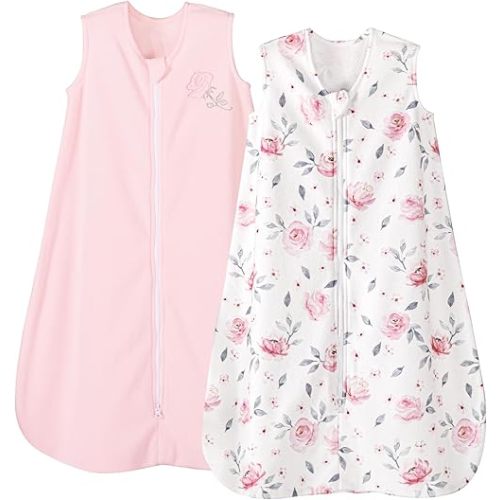 PHF Warm Micro-Fleece Baby Sleep Sack 6-12 Months, Soft Baby Wearable Blanket, 2-Way Zipper Sleeping Bags, 2 Pack Comfy Toddler Sleeping Sack for Girls, Medium Size, Floral