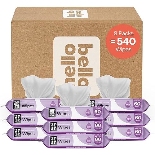 Hello Bello Extra Gentle Lavender Scented Baby Wipes, Made with 99% Water and Aloe for Babies and Kids, 60 Count (Pack of 9) Total 540 Count