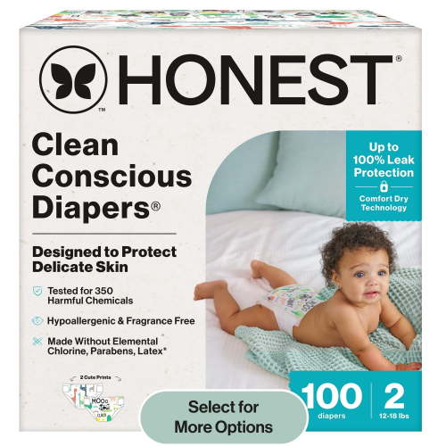 The Honest Company Clean Conscious Baby Diapers Size 2 (12–18 lbs) Hypoallergenic Fragrance Free 100 Count
