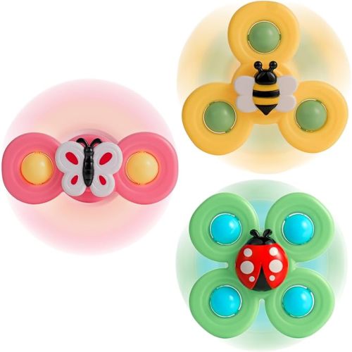 3PCS Suction Cup Spinner Toys for Babies, Fidget Spinners Sensory Bath Toys 6 12 18 Months, Airplane Car Travel Essential 1-3 Year Old Boy Girl Birthday Gift for Baby