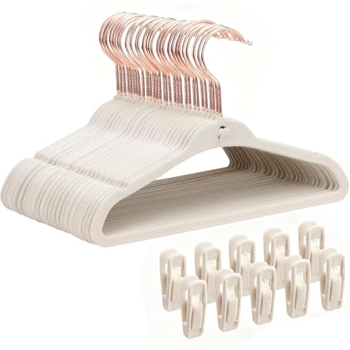 Baby Hangers Velvet, Newborn Hangers Felt, 11 Inch, 30 Pack, Beige | Sturdy Premium Kids Hangers with Removable 10 Clips, Rose Gold Swivel Hook, Stackable and Space-saving, Ultra Slim Non-Slip